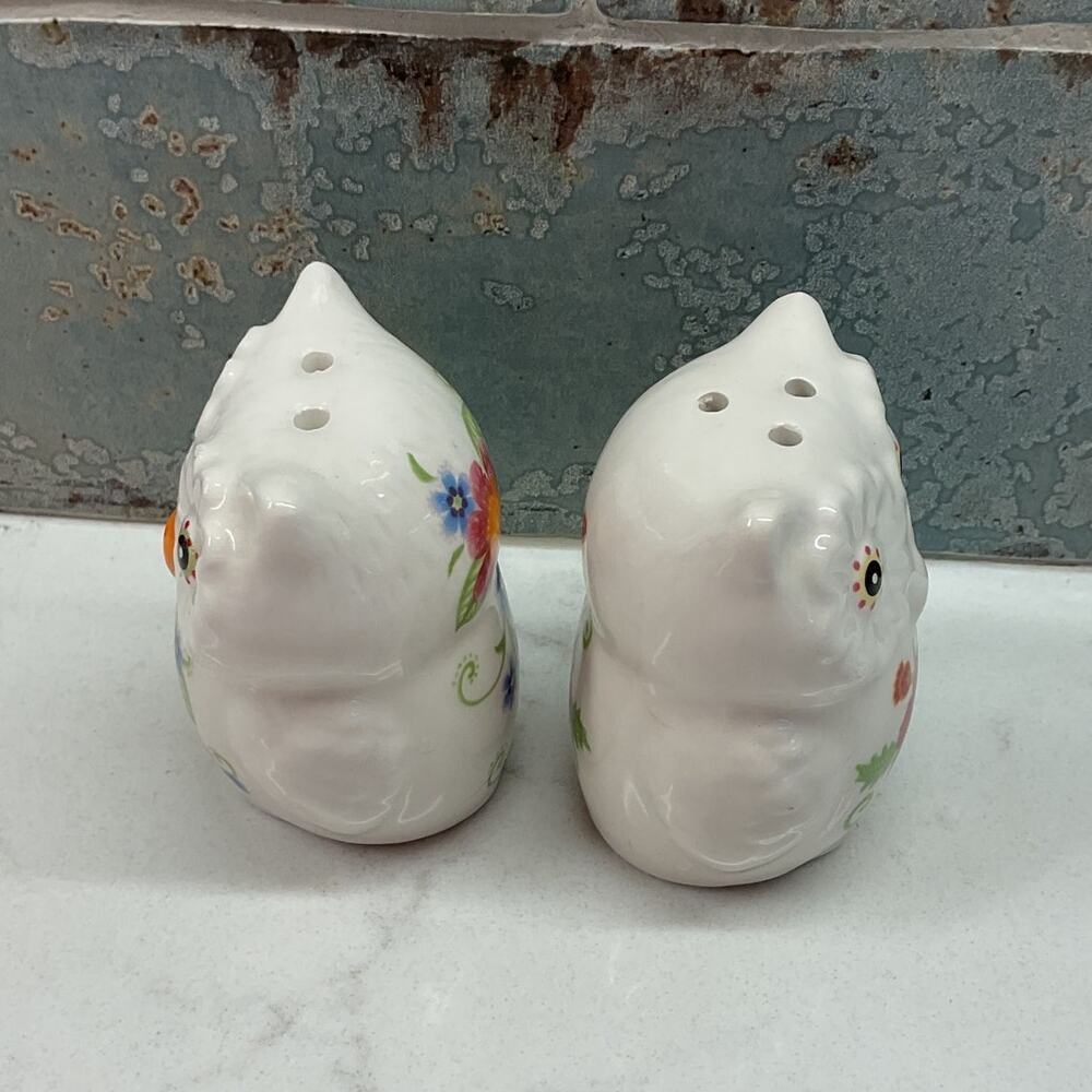 Salt and Pepper Shaker Set Glazed Ceramic Floral Owls 2 inch Tall - Picture 3 of 8